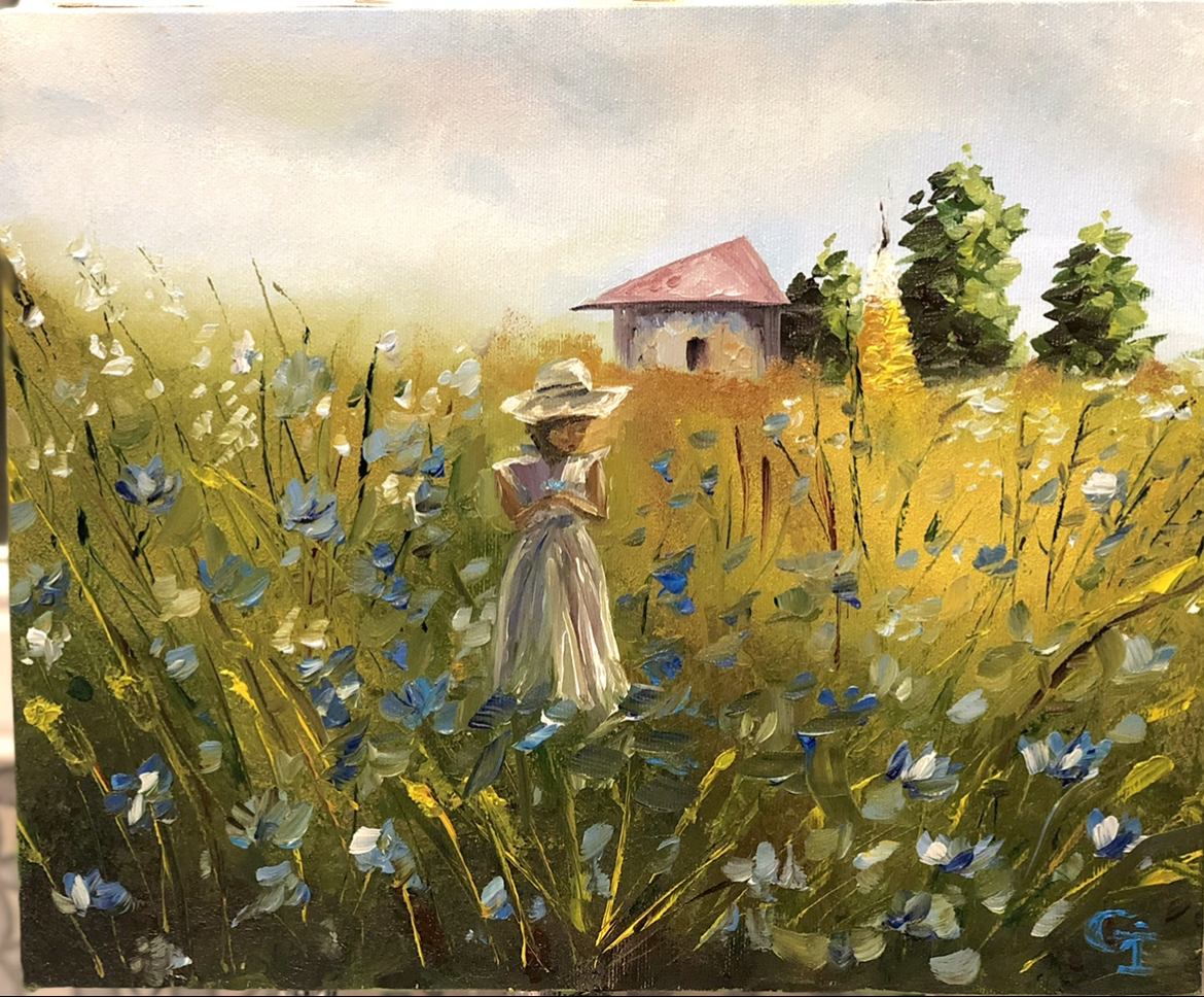 ‘At the village’, oil/canvas 40/30 cm