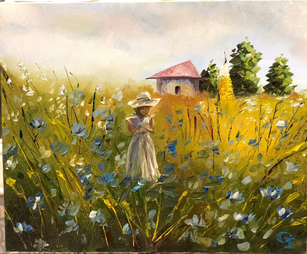‘At the village’, oil/canvas 40/30 cm