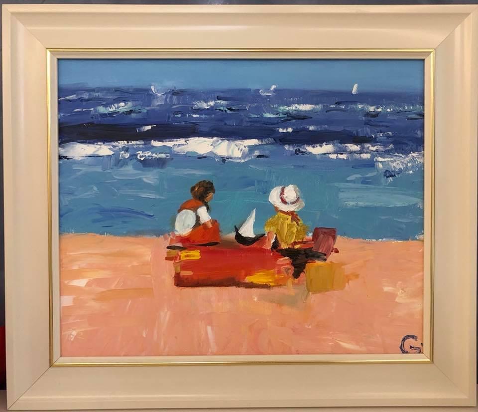 ‘Playing at the beach’ oil/canvas 38/24 cm