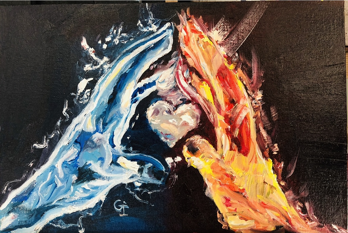 ‘Water and fire’, oil/ canvas 30/20 cm