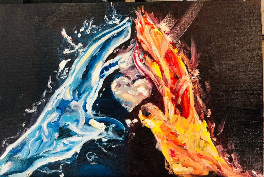 ‘Water and fire’, oil/ canvas 30/20 cm